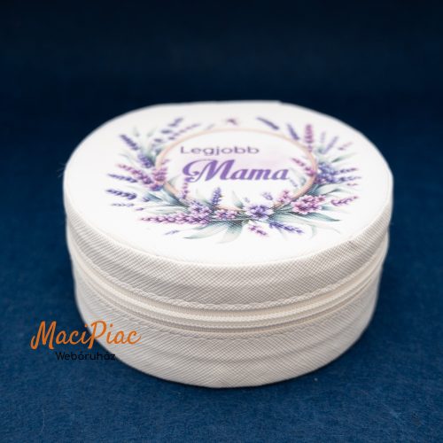 Kerek cipzáros Levendula virág mintás Legjobb Mama felírattal műbőr ékszertartó Új!