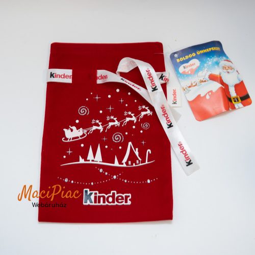 Kinder Karácsonyi, Mikulás ajándék tasak, összehúzható bársony anyagú (Rénszarvasos Mikulás a város felett mintával) Címkés!