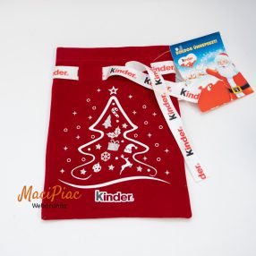   Kinder Karácsonyi, Mikulás ajándék tasak, összehúzható bársony anyagú (Karácsonyfa mintával) Címkés!