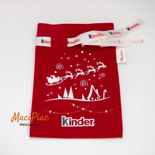 Kinder Karácsonyi, Mikulás ajándék tasak, összehúzható bársony anyagú (Rénszarvasos Mikulás a város felett mintával)