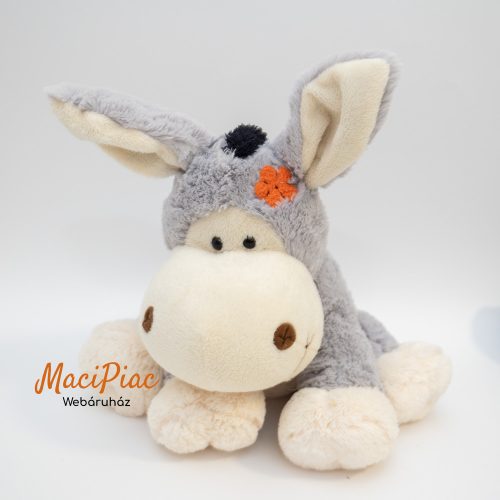 Szürke plüss szamár hímzett virággal a fején, fenekén fülei drótosak Ausztria