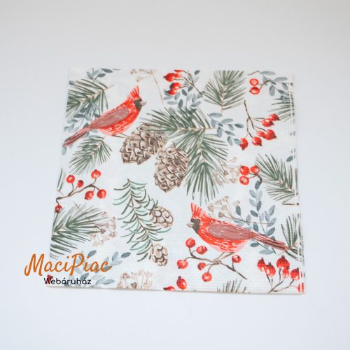 Karácsonyi madár mintás karácsonyi szalvéta 3 rétegű 33x33 cm Új 20 db-os darabra
