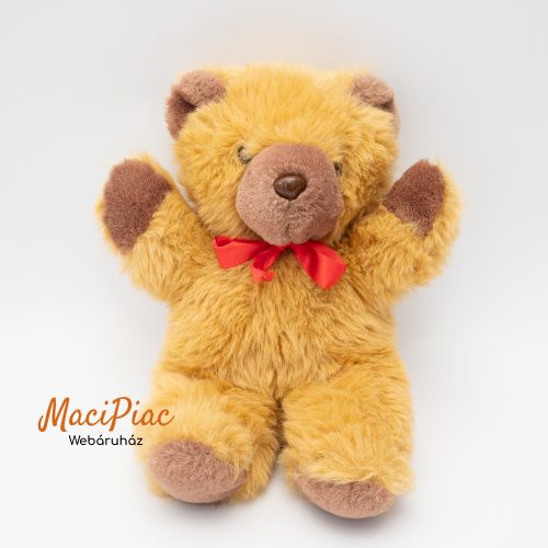 Barna plüss maci 1999-ből piros masnival, puham ölenivaló