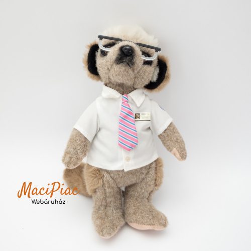 Plüss szurikáta csíkos nyakkendőben, szemüvegben, azonosító kártyával a köpenyén OFFICIALS PRODUCT OF MEERKOVO