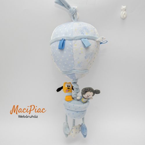 Plüss felhúzható kellemesen zenélő kék kosaras hőléballon csecsemőknek benne Miki egér és Plútó kutya babák Pepco Disney baby 