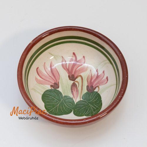 Egyedi és különleges mázas kerámia tálka Moses Cyprus Pottery" ciprusi stúdiókerámia ciklámen virág mintás, kézi festésű Jelzett!