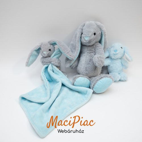 Plüss szürke-kék színű fiús játék nyuszi szundikendő, alvókendő, alvóka, rongyi csomag 3 db-os