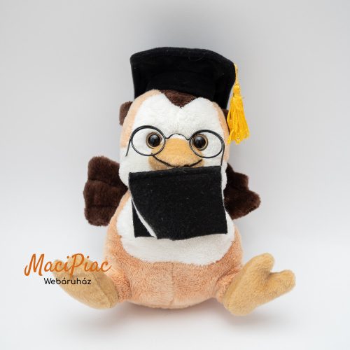 Ballagásra dipomaosztóra barna színű szemüveges plüss bagoly csőrében a diplomával