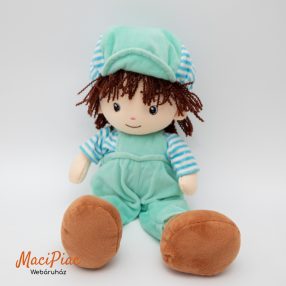   Dorel fiú rongybaba, aki mentazöld kertész nadrágot visel hozzá illő sapkával Beszél!