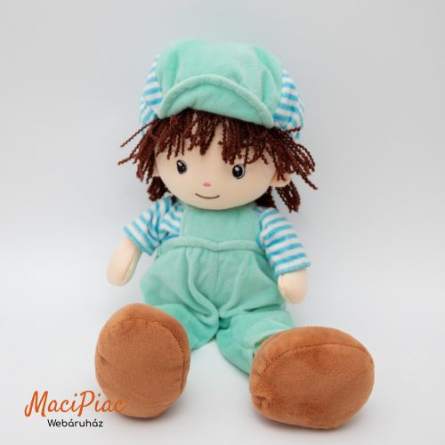 Dorel fiú rongybaba, aki mentazöld kertész nadrágot visel hozzá illő sapkával Beszél!