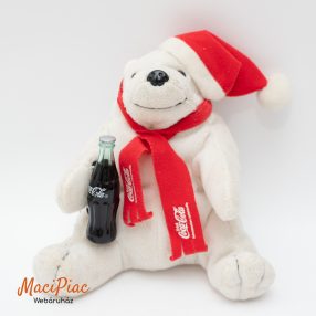   Plüss Coca Cola márkájú jegesmedve Mikulás sapkában műanyag élethű kólás üveggel