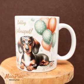   Kerámia bögre tacskó kutyával lufikkal Happy Birthday és Boldog születésnapot felírattal Új!