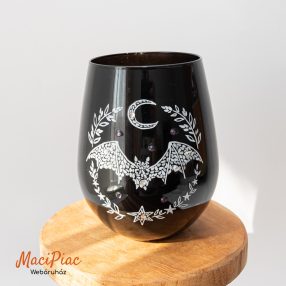   Denevéres és holdas motívummal díszített, szár nélküli fekete borospohár "Stemless Wine Glass" Halloween 