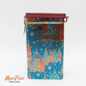   Téglalap alakú felhajtható csatos tetejű kávés fém doboz Orosz "hagyma kupolás" motívumok Austria fém kanállal