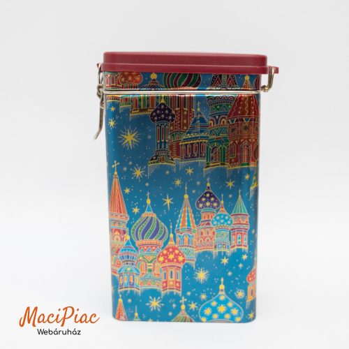 Téglalap alakú felhajtható csatos tetejű kávés fém doboz Orosz "hagyma kupolás" motívumok Austria fém kanállal