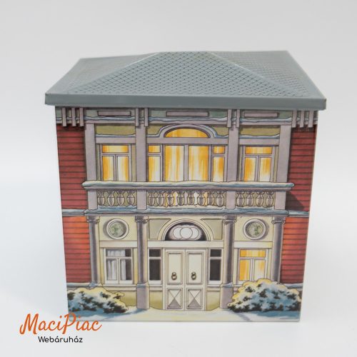 Kekszek, pralinék) vagy tea csomagolására levehető tetejű fémdoboz Német épület alakú