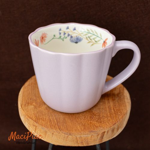 Vadvirág mintás tavaszi pasztell lila (vagy levendula színű) teás, kávés porcelán bögre Új!