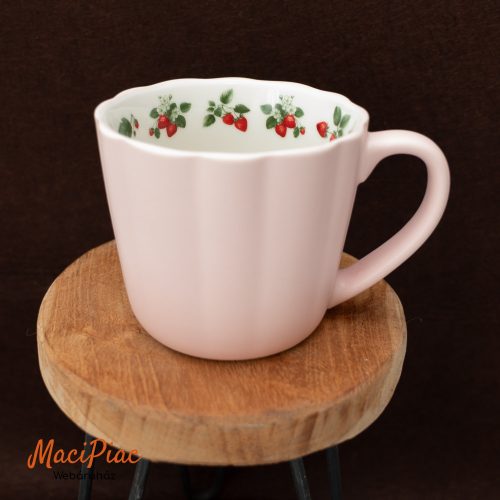 Eper vagy szamóc, virág mintás tavaszi púder rózsaszín porcelán kávés, teás bögre Új!