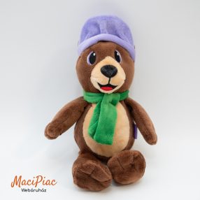 Plüss Milka barna maci lila sapkával és zöld sállal