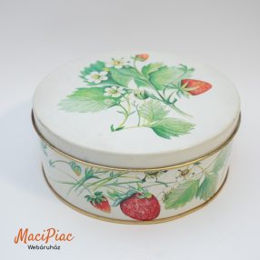   Louise Carling által tervezett, retró stílusú, eper és vadvirág mintás levehető tetejű fémdobozt 