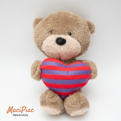 Plüss Hugs maci, plüss csíkos szívvel a kezében