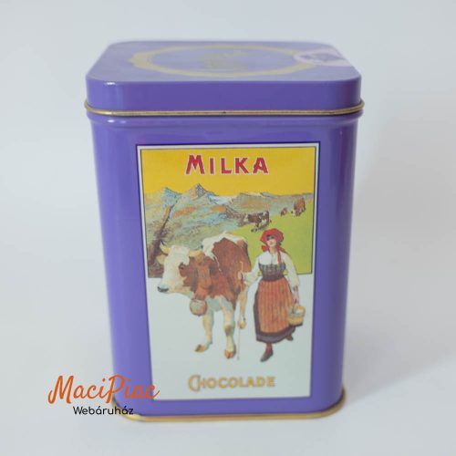 Szögletes felhajtható tetejű Milka naps apró csokoládés fém doboz, díszdoboz