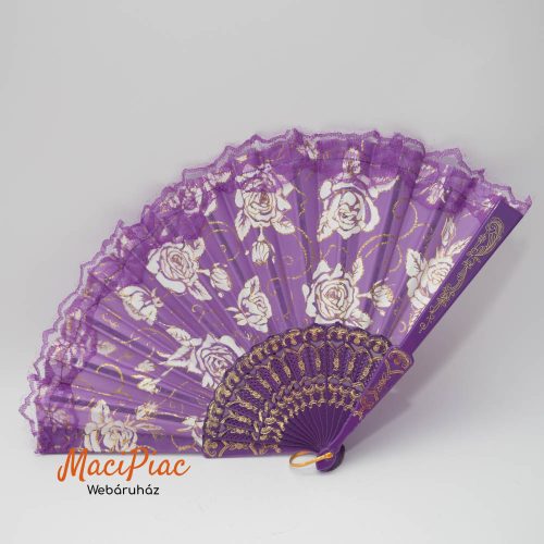 Műanyag nyelű selyem legyező lila színű fehér rózsa mintás Új!