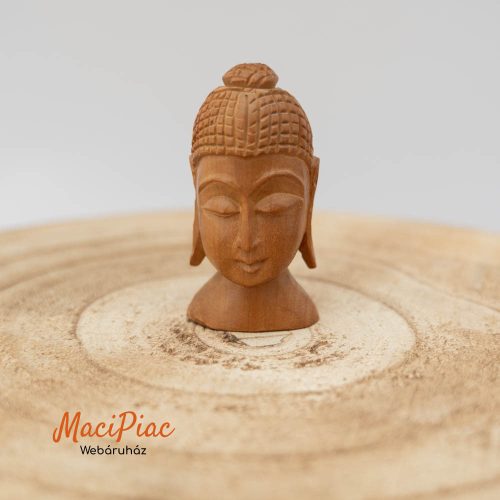 Fából faragott, kisméretű Buddha fejszobor (büszt)