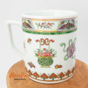   Hagyományos, kézzel festett vintage kínai porcelán bögre Famille Rose (rózsás család) vagy Rose Canton stílusú (hibás) 1960-1970