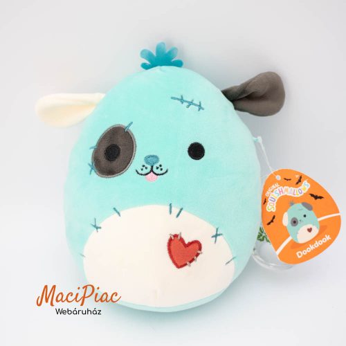 Squishmallows Dookdook teal/türkizkék színű, Frankenstein-stílusú patchwork kutya puha párna Halloween kollekció Címkés!