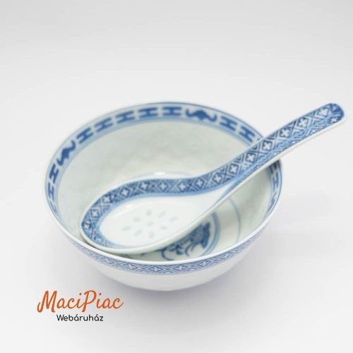 Vintage kínai rizses porcelán mélytál kanállal - rizstál - átlátszó rizsszem mintával