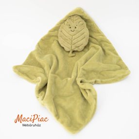   Plüss Jellycat szundikendő, alvókendő, alvóka, rongyi, zöld falevél, mosolygó levélfej