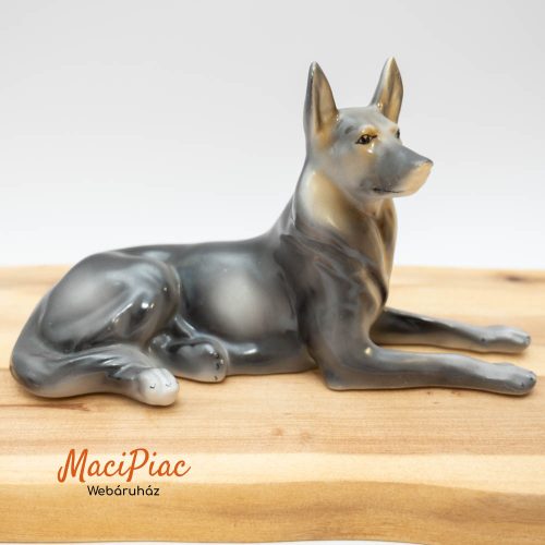 Fekvő élethű német juhász kutya hollóházi porcelán figura, nipp (hibás, ragasztott a lába)