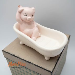   Porcelán malac fürdőkádban a hátát mossa kefével figura dekoráció, szappantartó, szilveszteri vicces ajándék (használt)