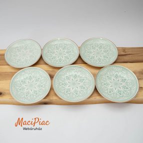  Porcelán kerek kicsi, tányér, tányérka, sütistál Action Belgium 6 db zöld mandala és virágmintás SAHARA Új!