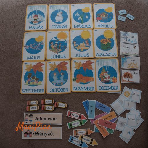 Óvodai vagy kis iskolai oktatási eszköz, amely segíti a gyerekeket az évszakok, hónapok, napok és időjárás megismerésében Montessori tipusú