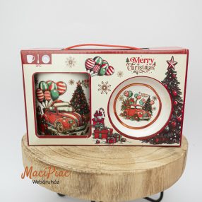    „Merry Christmas” autó‑mintás kerámia bögre‑ és tányérszett díszdobozban 3 részes szett (bögre + tányér + kanál) ADX ajándék Új!