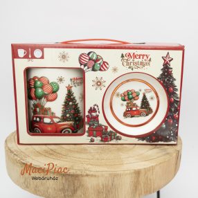    „Merry Christmas” autó‑mintás kerámia bögre‑ és tányérszett díszdobozban 3 részes szett (bögre + tányér + kanál) ADX ajándék Új!