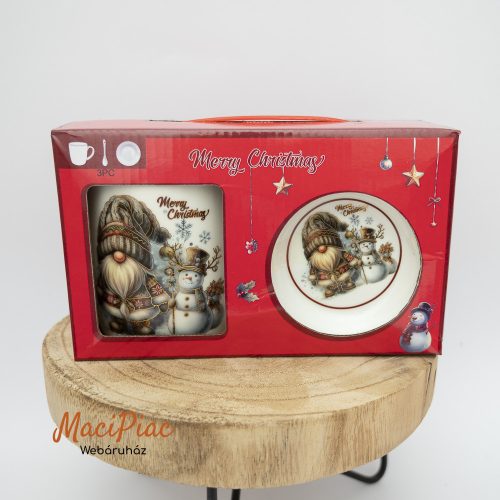 „Merry Christmas” gnóm‑mintás kerámia bögre‑ és tányérszett díszdobozban ADX ajándék Új!