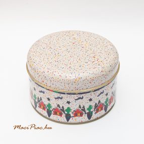 Karácsonyi mintás kerek levehető tetejű fém díszdoboz