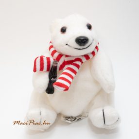   Plüss Coca Cola márkájú jegesmedve 2001 kólásüveggel a kezében, csikos sállal a nyakában