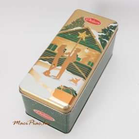   Téglalap alakú levehető tetejű Karácsonyi kekszes, csokis, süteményes Delacre 1891 fém doboz 