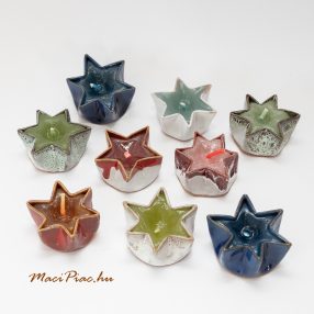   Csillag alakú mázas kerámia gyertyatartó gyertyával, kézi munka! 9 db