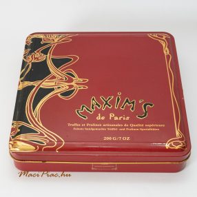  Szögletes levehető tetejű francia fém doboz Maxim's de Paris  pralinés, truffeles (dobor írással) MAXIDAMIA 1982