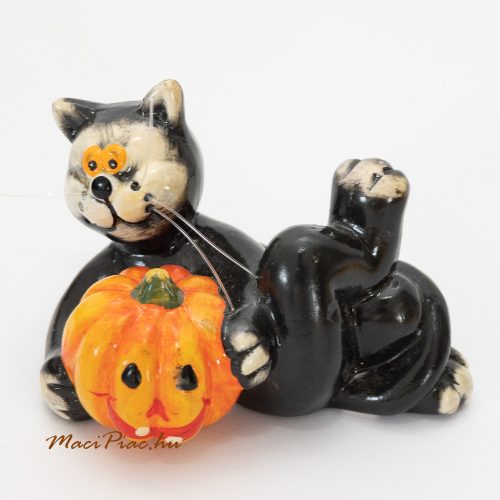 Fekete macska, cica tökkel Halloweeni dekoráció, nipp, dísztárgy Német kerémia!