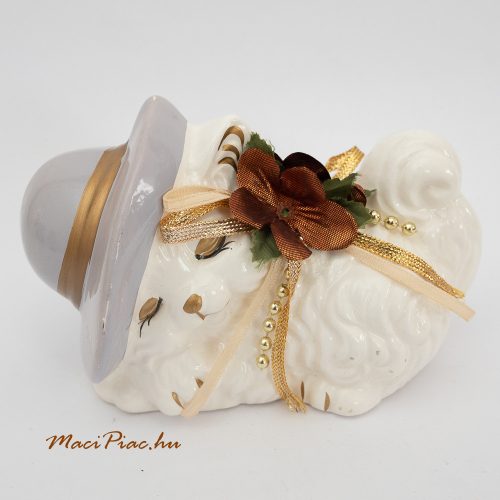 Porcelán szürke kalapos fehér perzsa cicaselyem virággal figura dekoráció, nipp