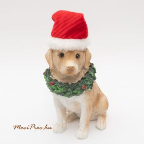   Mikulás sapkás polirezinből készült kutya téli dekoráció, dísztárgy, nipp Új!