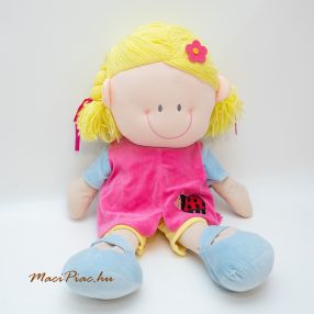   Plüss baba, szőke hajú rongybaba rózsaszín ruhában (nagy méretű)