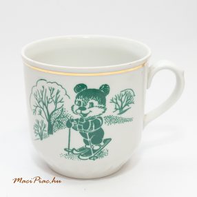   Német téli tájkép, sielő nyuszi, maci mintás arany szegélyes kakós, teás régi porcelán bögre 