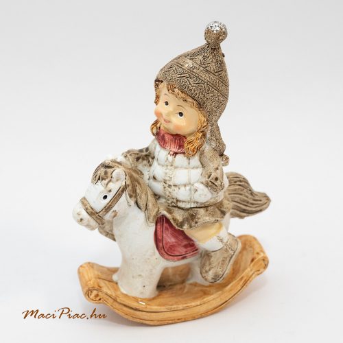 Vintage hatású kerámia szobor, figura kislány hintalovon téli, karácsonyi dekoráció, dísztárgy, nipp